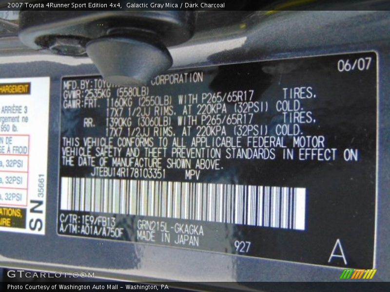 Galactic Gray Mica / Dark Charcoal 2007 Toyota 4Runner Sport Edition 4x4