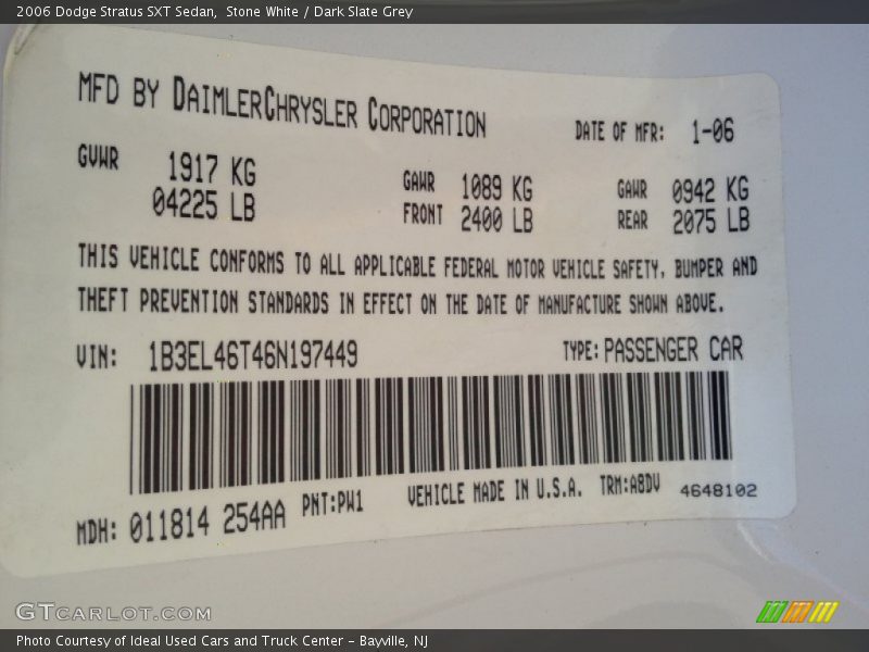 2006 Stratus SXT Sedan Stone White Color Code PW1