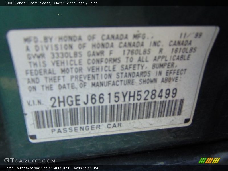 Clover Green Pearl / Beige 2000 Honda Civic VP Sedan