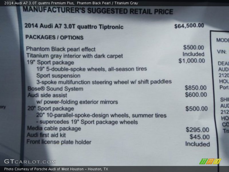 Phantom Black Pearl / Titanium Gray 2014 Audi A7 3.0T quattro Premium Plus