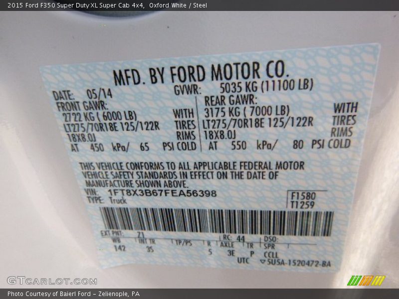 2015 F350 Super Duty XL Super Cab 4x4 Oxford White Color Code Z1