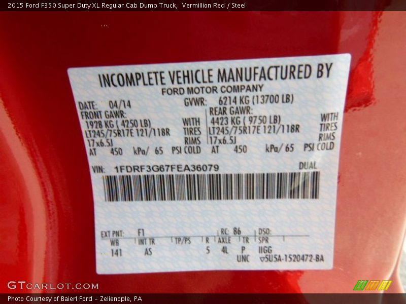 Vermillion Red / Steel 2015 Ford F350 Super Duty XL Regular Cab Dump Truck