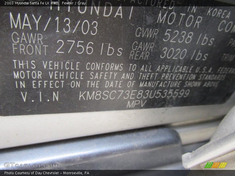 Pewter / Gray 2003 Hyundai Santa Fe LX 4WD