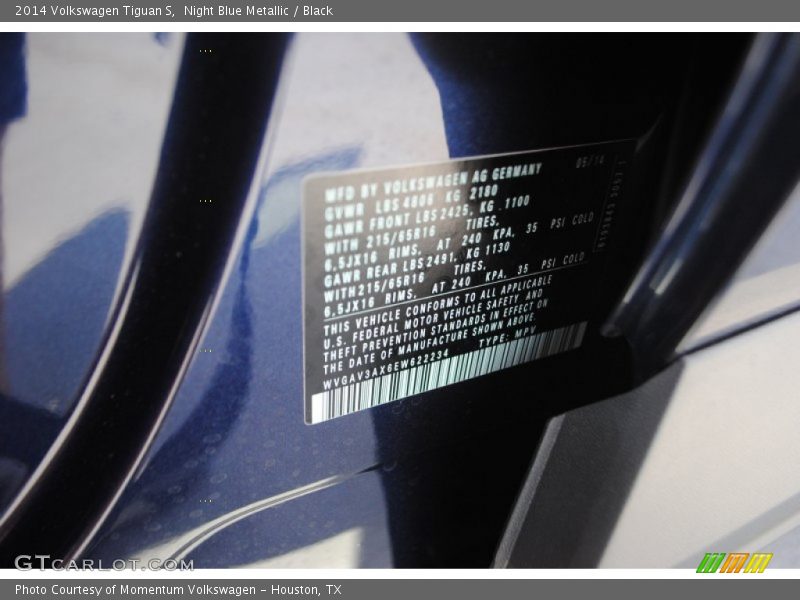Night Blue Metallic / Black 2014 Volkswagen Tiguan S
