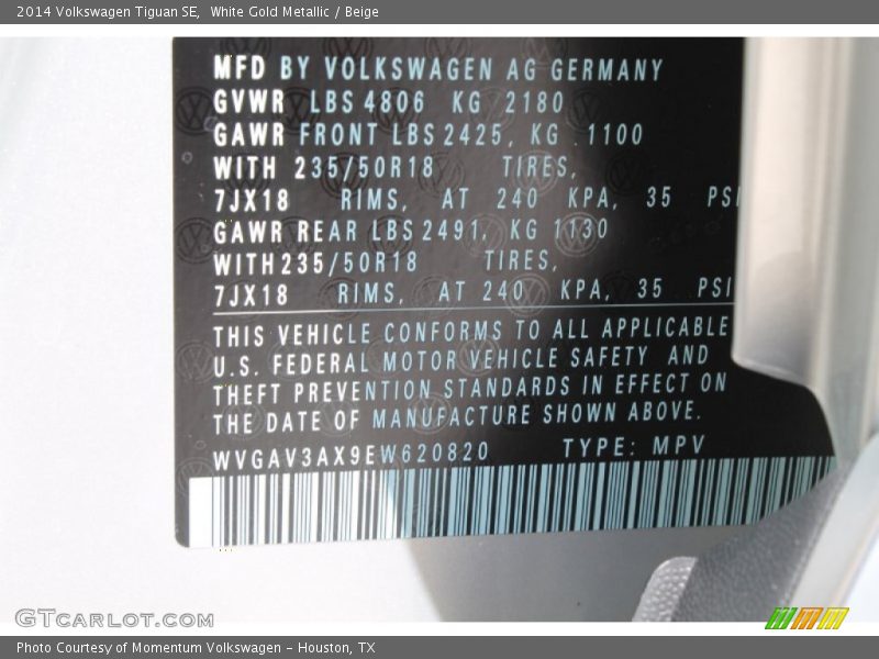 White Gold Metallic / Beige 2014 Volkswagen Tiguan SE