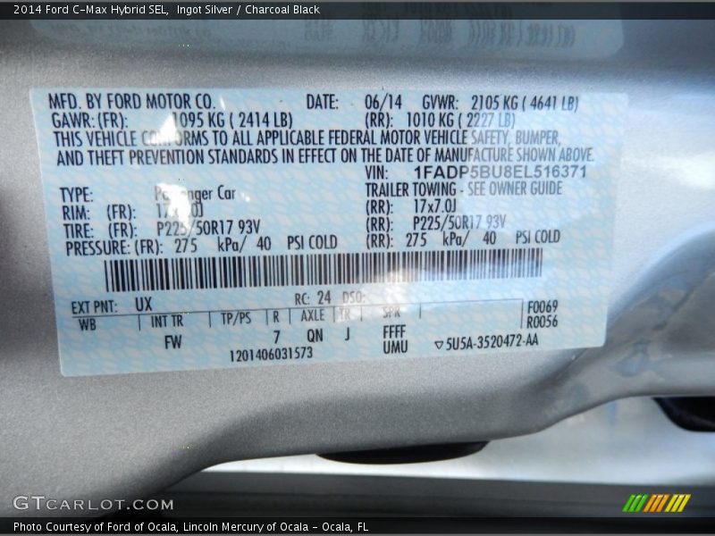 2014 C-Max Hybrid SEL Ingot Silver Color Code UX