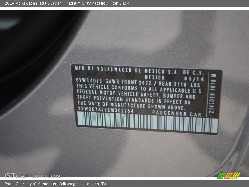 Platinum Gray Metallic / Titan Black 2014 Volkswagen Jetta S Sedan