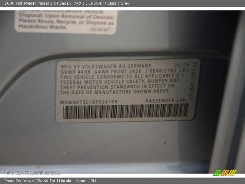 Arctic Blue Silver / Classic Grey 2006 Volkswagen Passat 2.0T Sedan