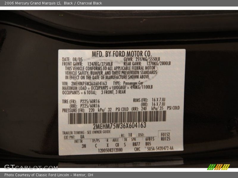 Black / Charcoal Black 2006 Mercury Grand Marquis LS