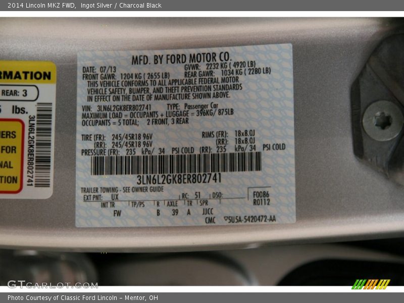 2014 MKZ FWD Ingot Silver Color Code UX