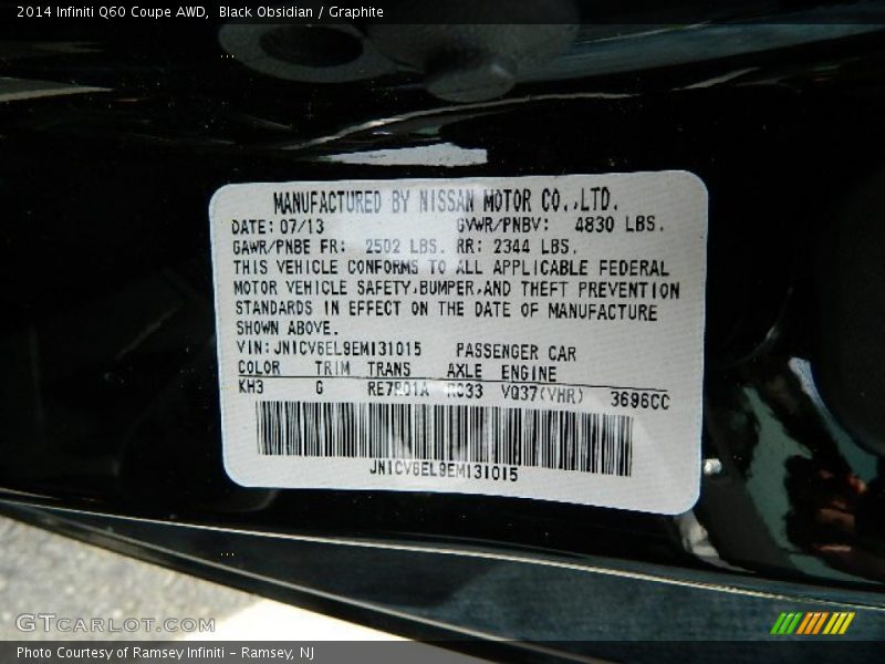 2014 Q60 Coupe AWD Black Obsidian Color Code KH3