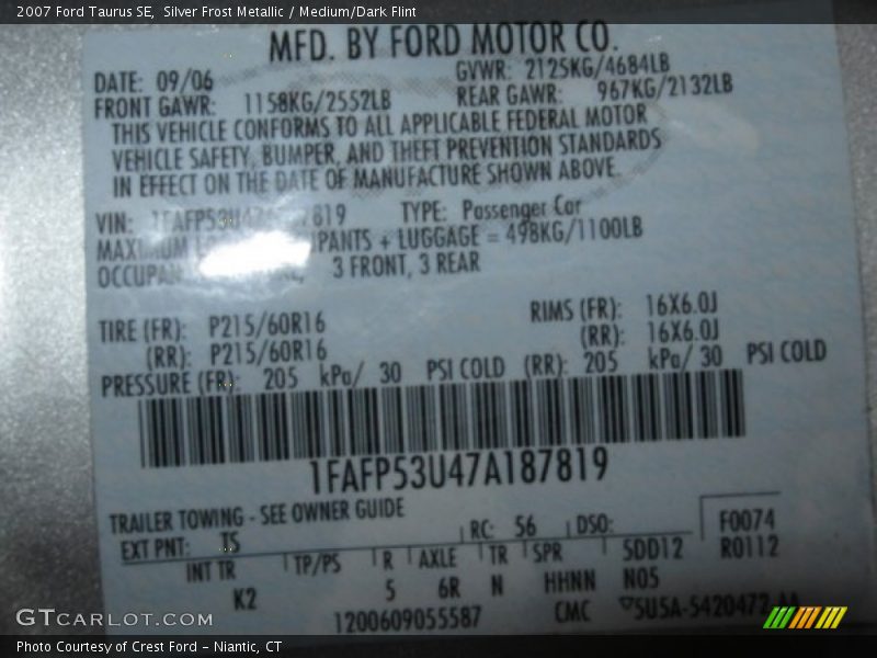 Silver Frost Metallic / Medium/Dark Flint 2007 Ford Taurus SE
