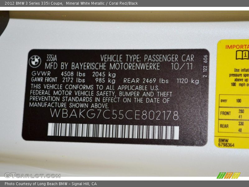 Mineral White Metallic / Coral Red/Black 2012 BMW 3 Series 335i Coupe