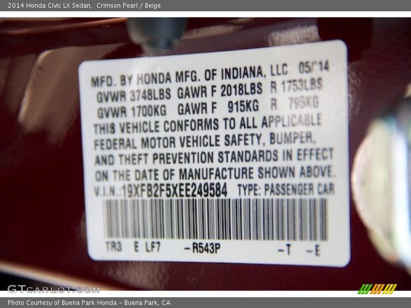 Crimson Pearl / Beige 2014 Honda Civic LX Sedan