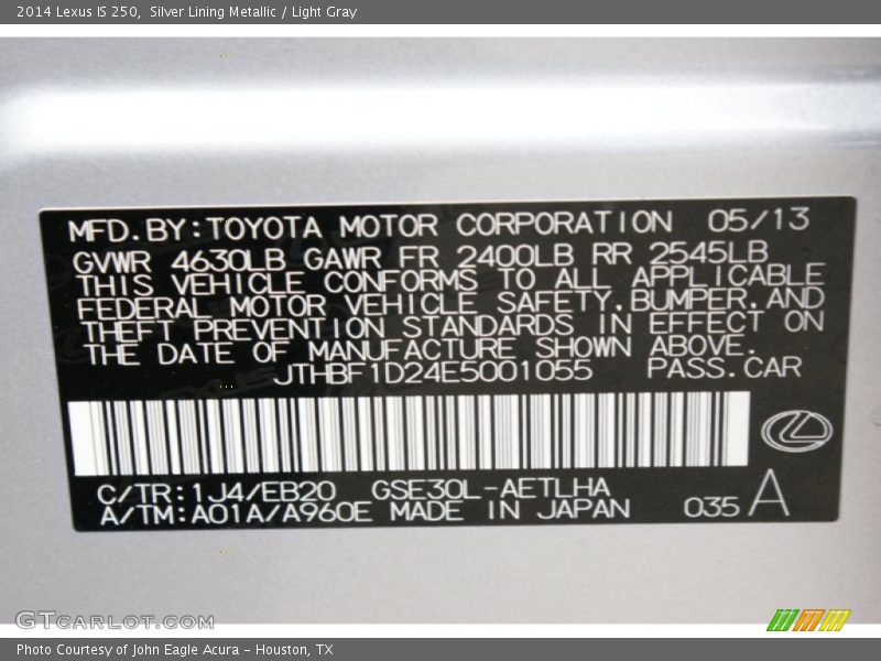 2014 IS 250 Silver Lining Metallic Color Code 1J4