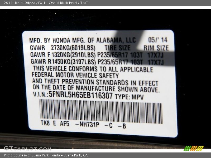 Crystal Black Pearl / Truffle 2014 Honda Odyssey EX-L