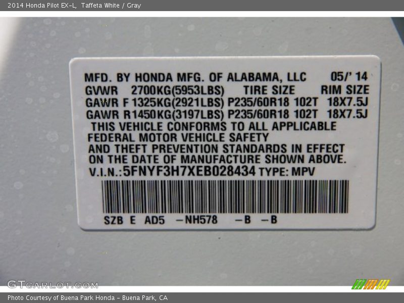 Taffeta White / Gray 2014 Honda Pilot EX-L