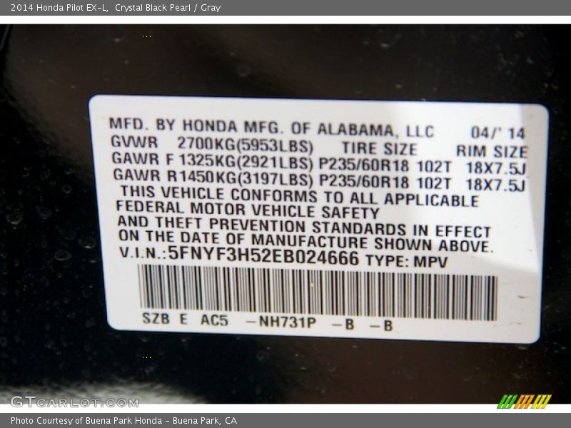 Crystal Black Pearl / Gray 2014 Honda Pilot EX-L