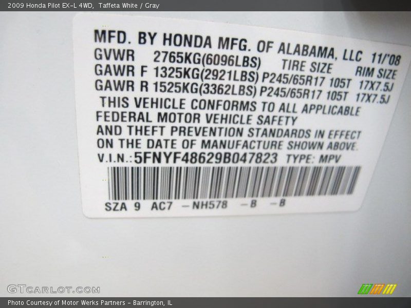 Taffeta White / Gray 2009 Honda Pilot EX-L 4WD
