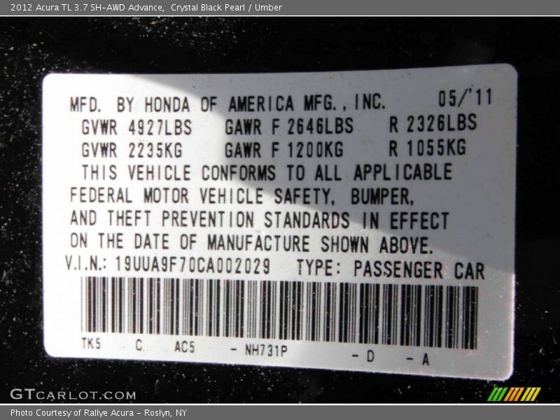 Crystal Black Pearl / Umber 2012 Acura TL 3.7 SH-AWD Advance