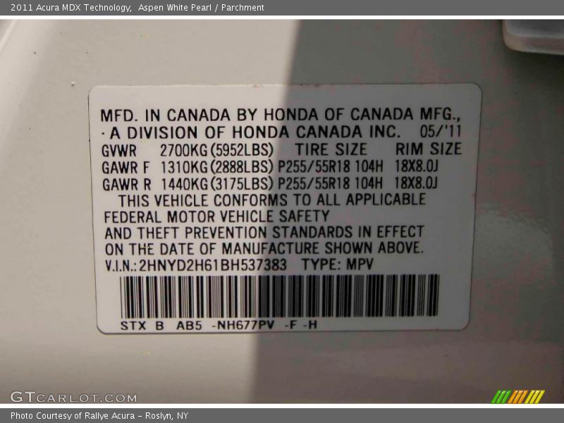 Aspen White Pearl / Parchment 2011 Acura MDX Technology