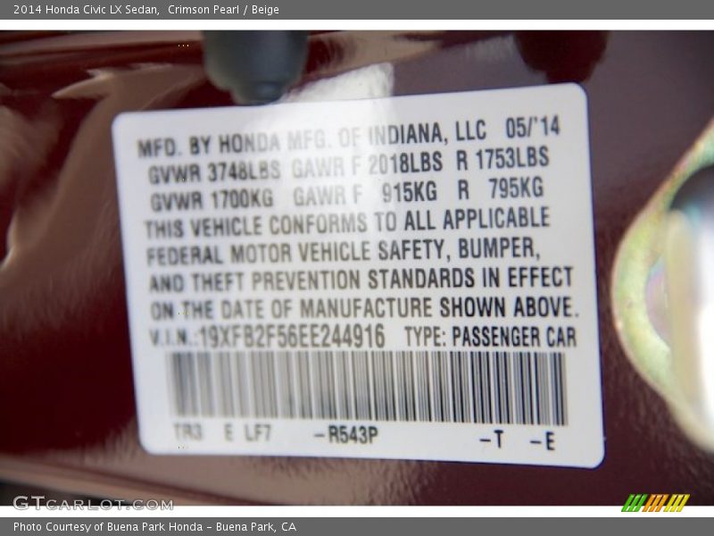 Crimson Pearl / Beige 2014 Honda Civic LX Sedan