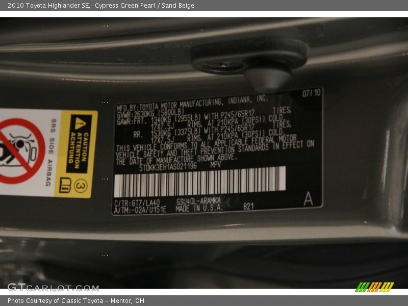 2010 Highlander SE Cypress Green Pearl Color Code 6T7