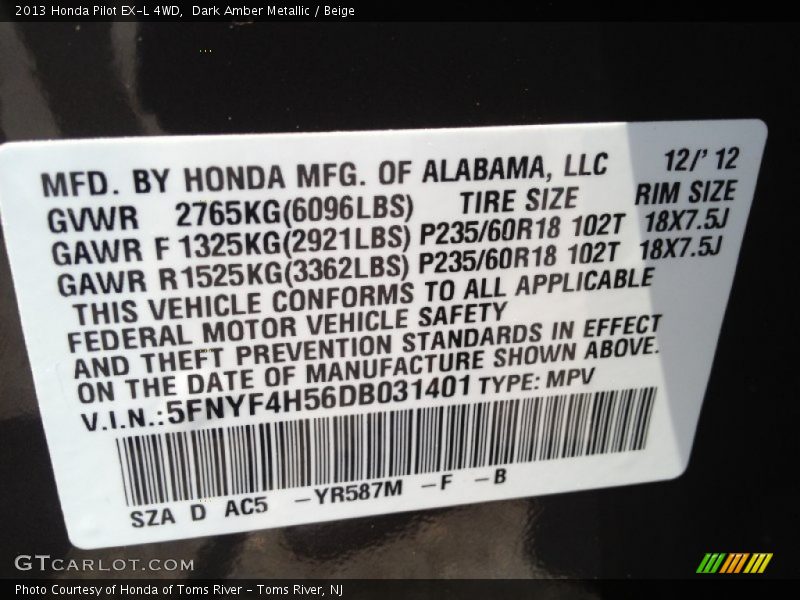 Dark Amber Metallic / Beige 2013 Honda Pilot EX-L 4WD