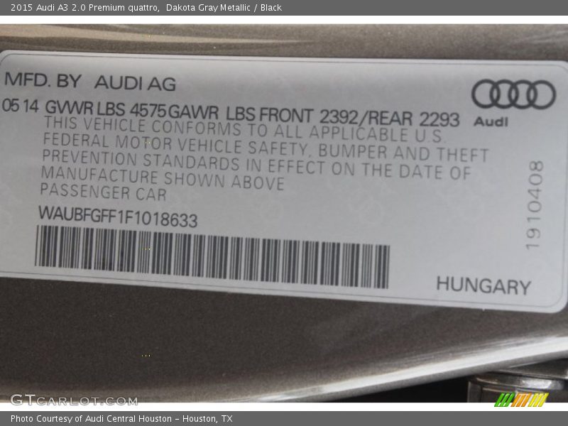 Dakota Gray Metallic / Black 2015 Audi A3 2.0 Premium quattro