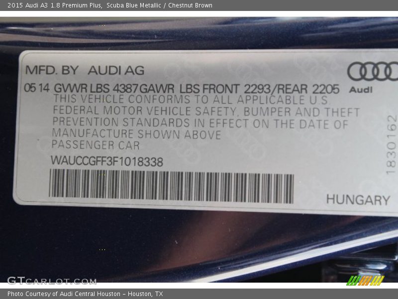 Scuba Blue Metallic / Chestnut Brown 2015 Audi A3 1.8 Premium Plus