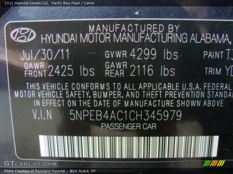 Pacific Blue Pearl / Camel 2012 Hyundai Sonata GLS