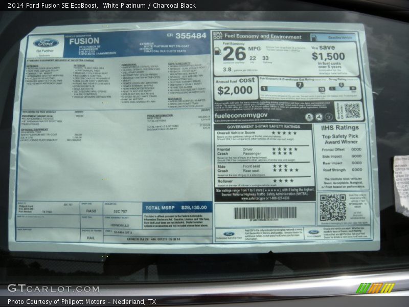 White Platinum / Charcoal Black 2014 Ford Fusion SE EcoBoost