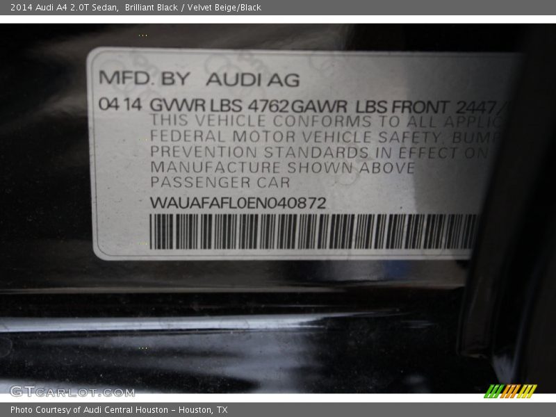Brilliant Black / Velvet Beige/Black 2014 Audi A4 2.0T Sedan