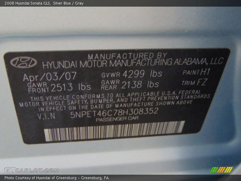 Silver Blue / Gray 2008 Hyundai Sonata GLS