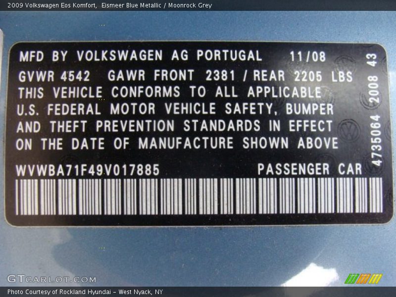 Eismeer Blue Metallic / Moonrock Grey 2009 Volkswagen Eos Komfort