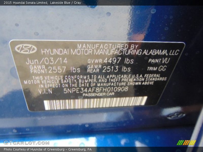 2015 Sonata Limited Lakeside Blue Color Code VU