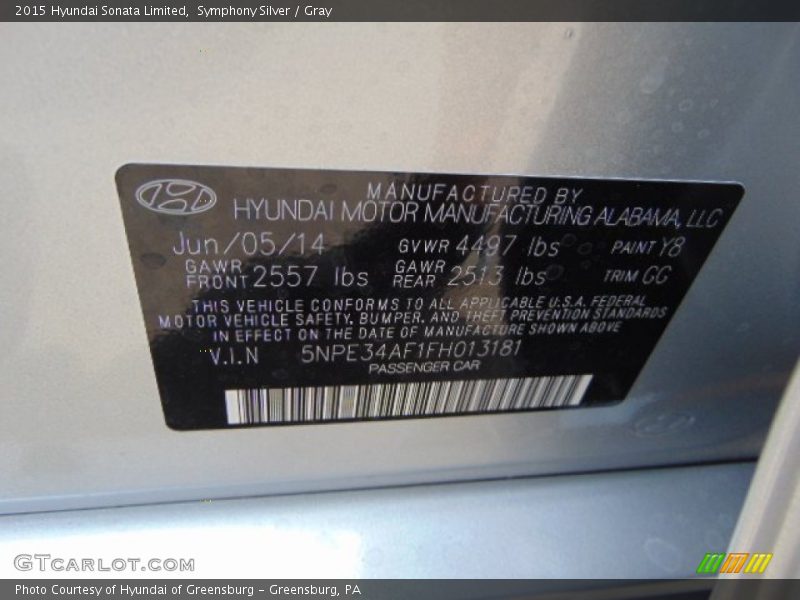 Symphony Silver / Gray 2015 Hyundai Sonata Limited