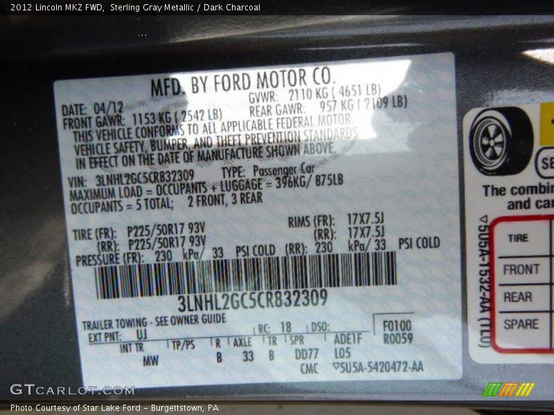 Sterling Gray Metallic / Dark Charcoal 2012 Lincoln MKZ FWD