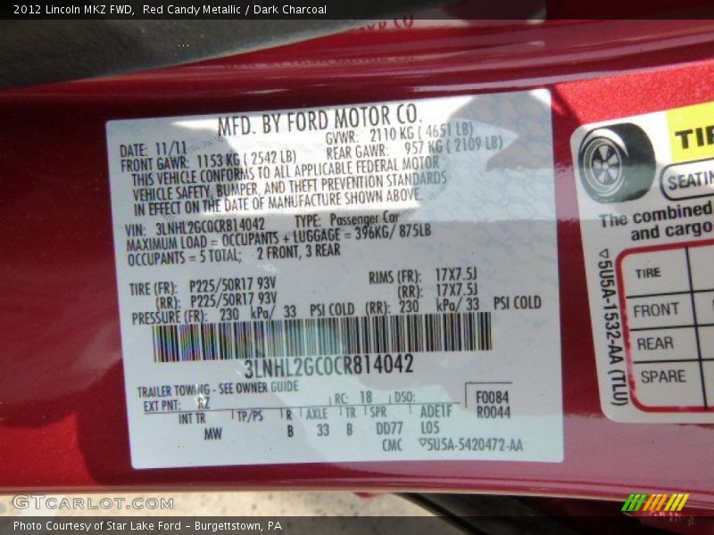 Red Candy Metallic / Dark Charcoal 2012 Lincoln MKZ FWD
