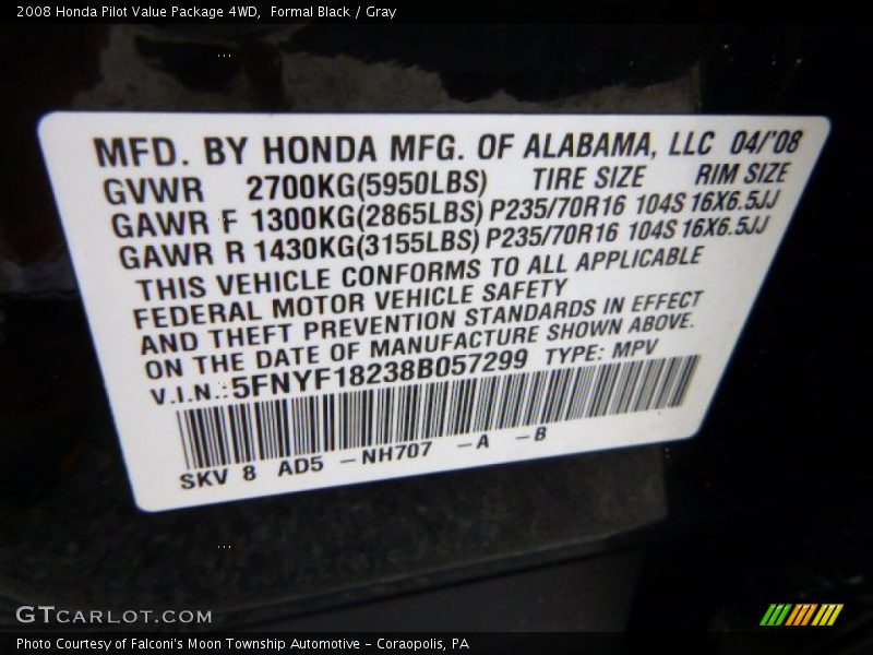 Formal Black / Gray 2008 Honda Pilot Value Package 4WD