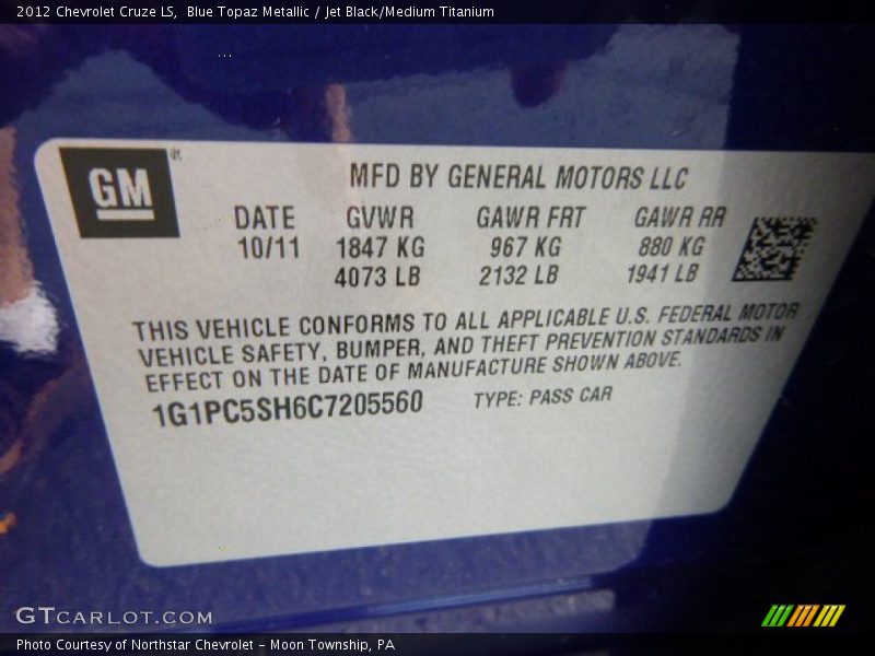 Blue Topaz Metallic / Jet Black/Medium Titanium 2012 Chevrolet Cruze LS