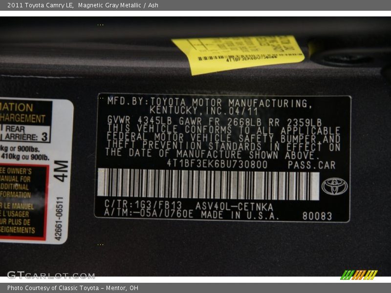 Magnetic Gray Metallic / Ash 2011 Toyota Camry LE