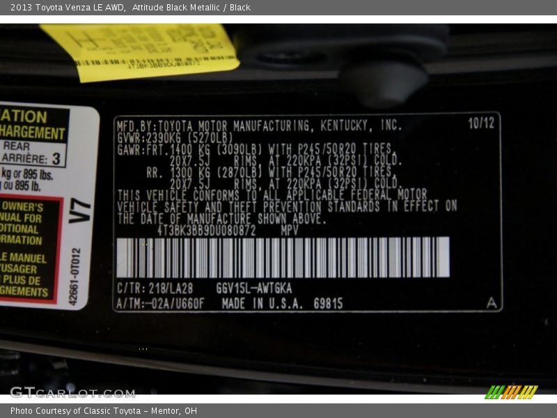 2013 Venza LE AWD Attitude Black Metallic Color Code 218