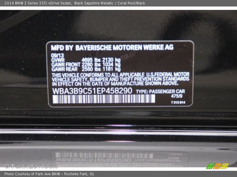 2014 3 Series 335i xDrive Sedan Black Sapphire Metallic Color Code 475