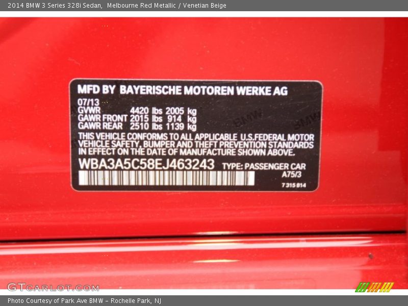 2014 3 Series 328i Sedan Melbourne Red Metallic Color Code A75