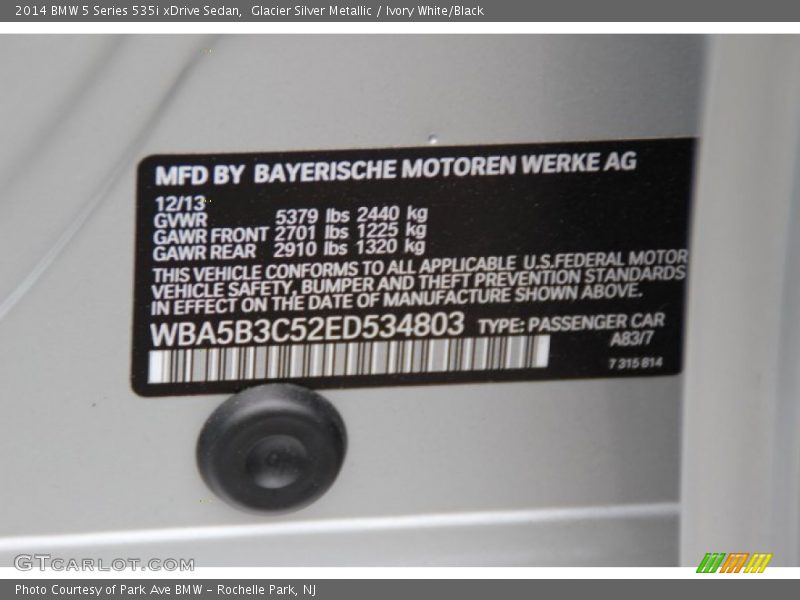 Glacier Silver Metallic / Ivory White/Black 2014 BMW 5 Series 535i xDrive Sedan