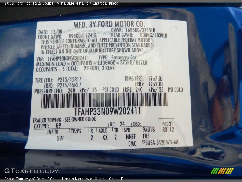 2009 Focus SES Coupe Vista Blue Metallic Color Code G9