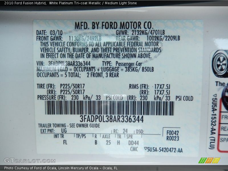 White Platinum Tri-coat Metallic / Medium Light Stone 2010 Ford Fusion Hybrid
