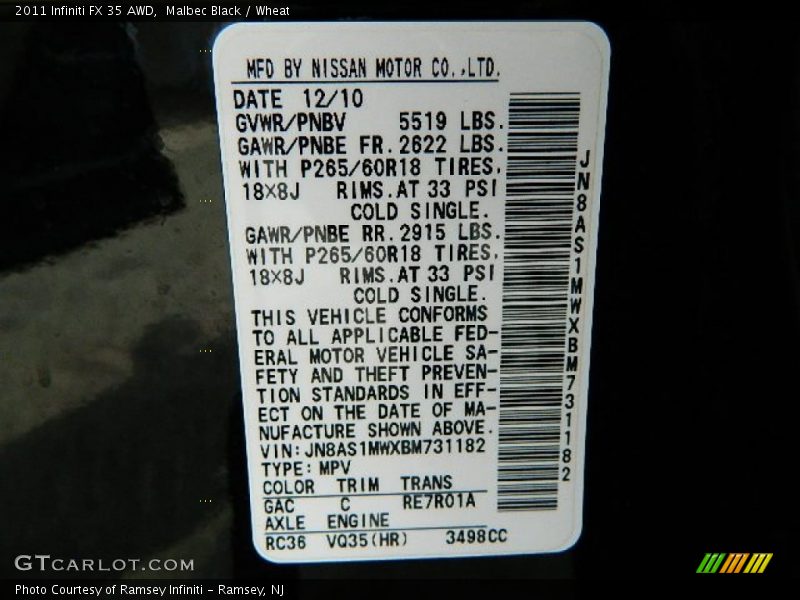 2011 FX 35 AWD Malbec Black Color Code GAC