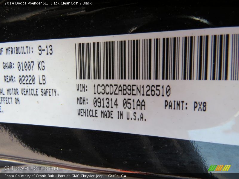 Black Clear Coat / Black 2014 Dodge Avenger SE